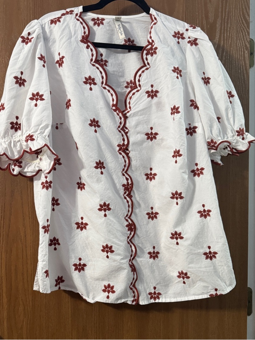 torrid White Blouse with Red Scalloped Trim and Embroidery